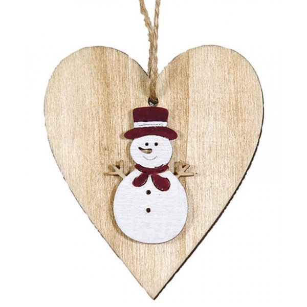 Χριστουγεννιάτικη Κρεμαστή Ξύλινη Καρδιά, με Χιονάνθρωπο (7cm)